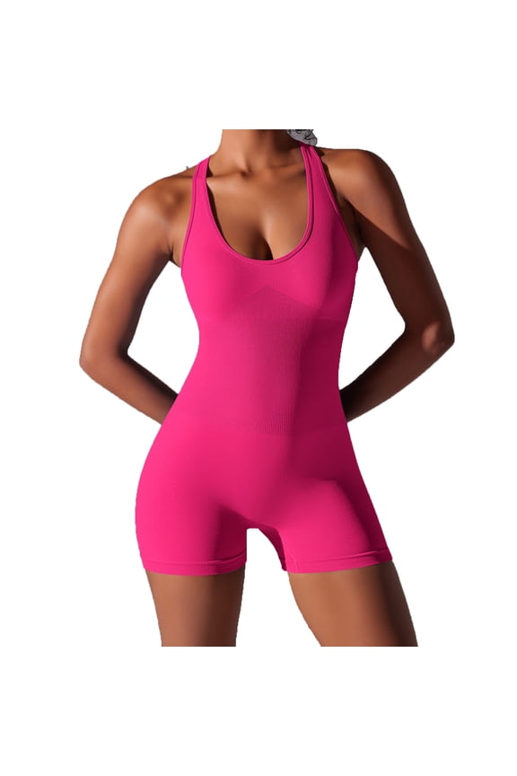Romper for Women Workout Yoga Gym Seamless One Piece Racerback Jumpsuit Tummy Control Padded Sports Bra Pink L