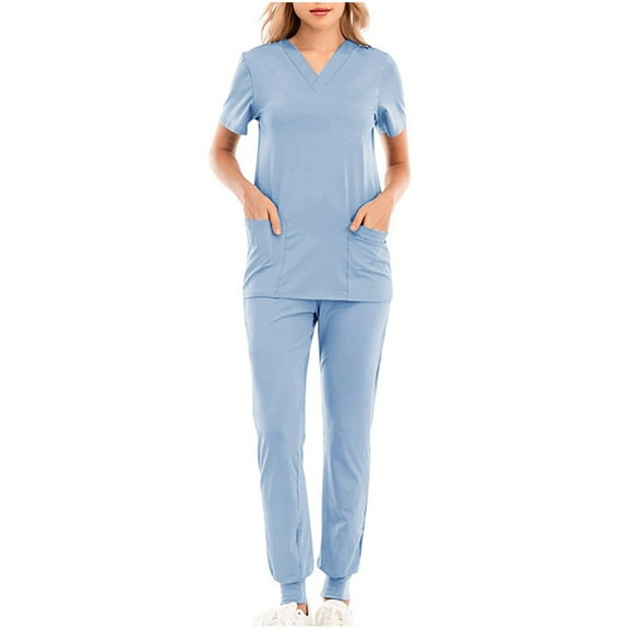 WCMZJ Scrub Tops Women Soild Stretchy Nurse Uniform Professionals Medical V-Neck Workwear Short Sleeve Shirt