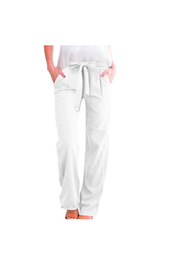Straight Leg Dress Pants Women Plus Size High Waisted Cotton Linen Pants Y2K Tie Knot Lounge Pants with Pockets White 3XL