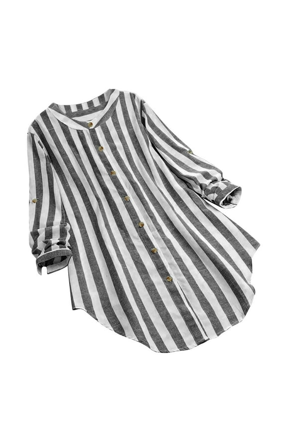 Striped Button Down Long Sleeve Shirts for Women Linen Top V Neck Casual Side Slit Loose Tunic Shirt Summer Fall Clothes Black S