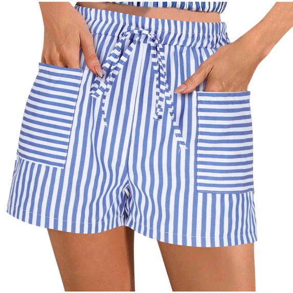 WCMZJ Striped Shorts for Women High Waisted Trendy Casual Pull On Drawstring Elastic Waist Beach Shorts with Pockets Light Blue XL