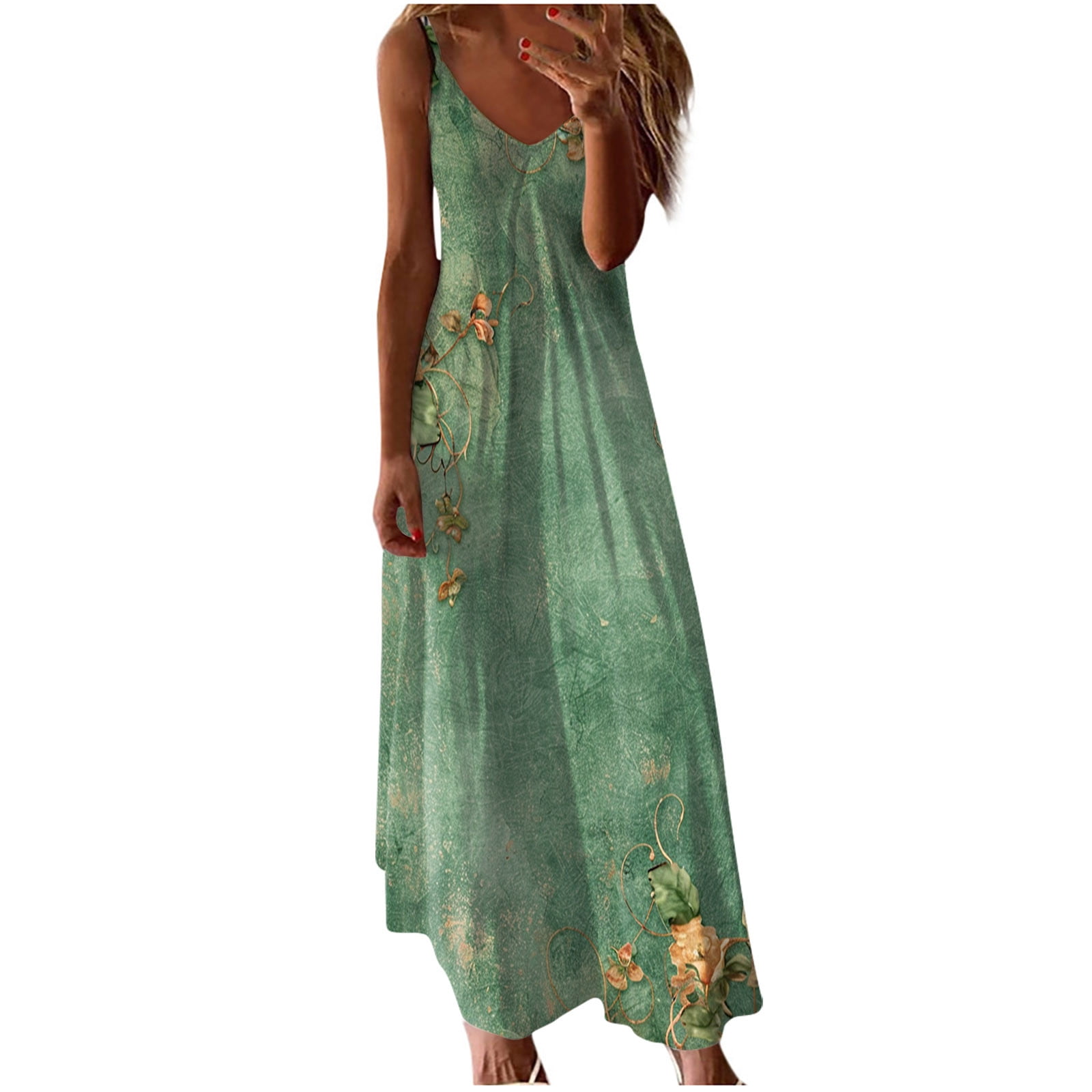 Handyulong Women's Sleeveless Boho Maxi Dress - V-Neck, Flowy Summer Beach Dress, Blue, Large