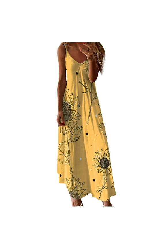 Summer Dresses for Women 2024 Sleeveless Boho Sundress Casual V Neck Long Dresses Hawaiian Beach Dress for Vacation Yellow XL