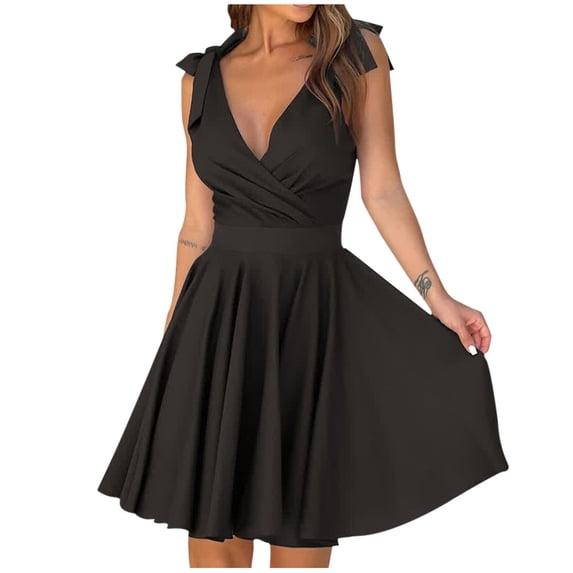 WCMZJ Summer Short Dresses for Women Tie Sleeveless Pleated V Neck A Line Knee Length Flowy Formal Mini Dresses Black L