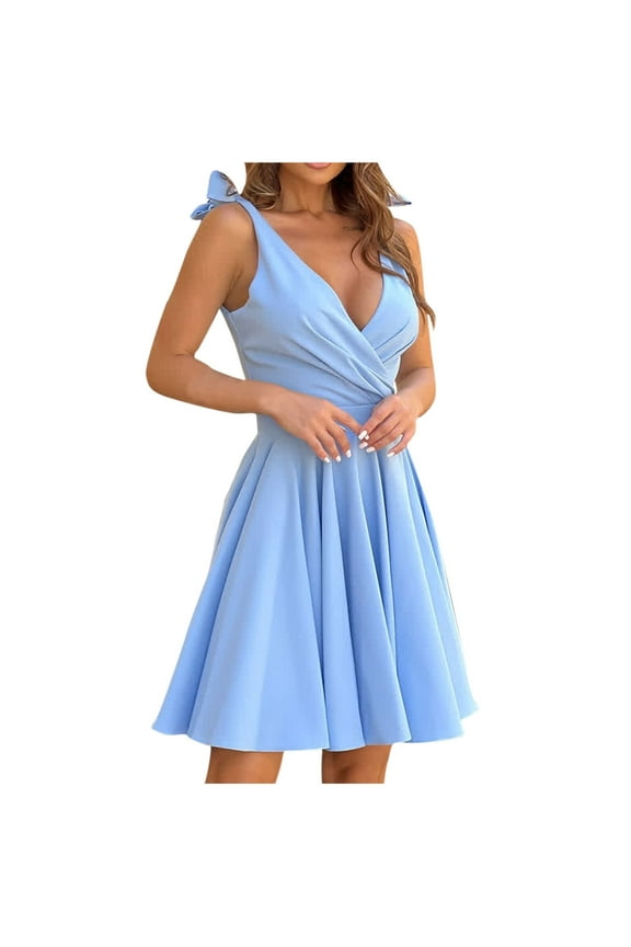 Summer Short Dresses for Women Tie Sleeveless Pleated V Neck A Line Knee Length Flowy Formal Mini Dresses Light Blue XL