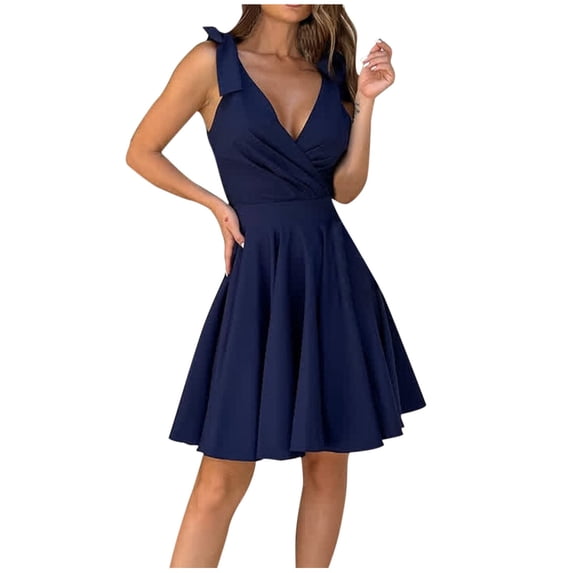 WCMZJ Summer Short Dresses for Women Tie Sleeveless Pleated V Neck A Line Knee Length Flowy Formal Mini Dresses Navy S