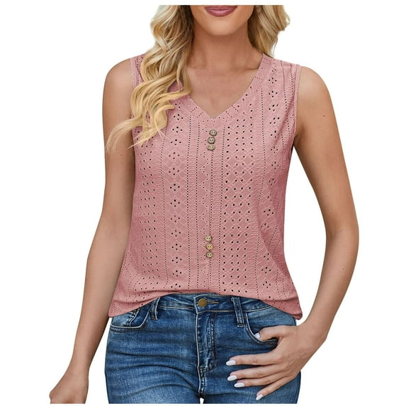 WCMZJ Summer Sleeveless Tops For Women Trendy V Neck Solid Color Eyelet Tank Top Casual Comfy Loose Button Down Tees Shirt
