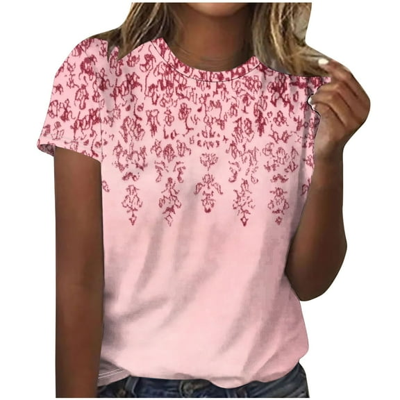 WCMZJ Summer Tops for Women 2025 Cute Floral Graphic Tee Shirt Dressy Round Neck Short Sleeve Tunic Pullover Petite Ladies Blouses Pink XXL