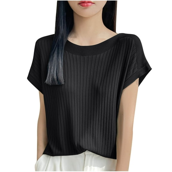 WCMZJ Summer Tops for Women 2025 Trendy Cap Sleeve Boat Neck T Shirts Textured Business Casual Outfits Blouses Black L