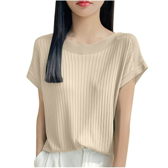 WCMZJ Summer Tops for Women 2025 Trendy Cap Sleeve Boat Neck T Shirts Textured Business Casual Outfits Blouses Khaki XL