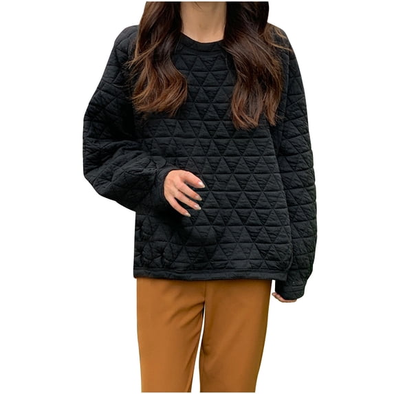 WCMZJ Sweatshirt for Women Quilted Pattern Long Sleeve Warm Pullover Crewneck Loose Fit Casual 2024 Fall Winter Tops Black L