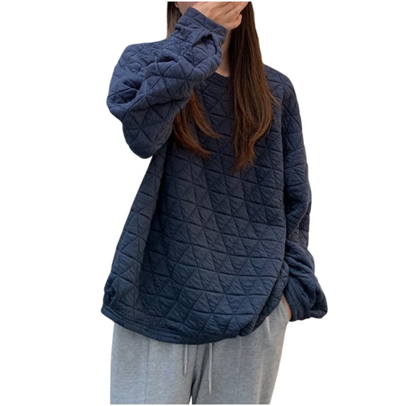 WCMZJ Sweatshirt for Women Quilted Pattern Long Sleeve Warm Pullover Crewneck Loose Fit Casual 2024 Fall Winter Tops Navy L