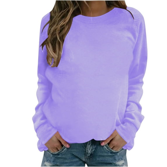 WCMZJ Sweatshirts for Women Casual Cute Crew Neck Long Sleeve Shirts Relax Fit Plain Jogging Dopamine Color Pullover Tops Purple XL