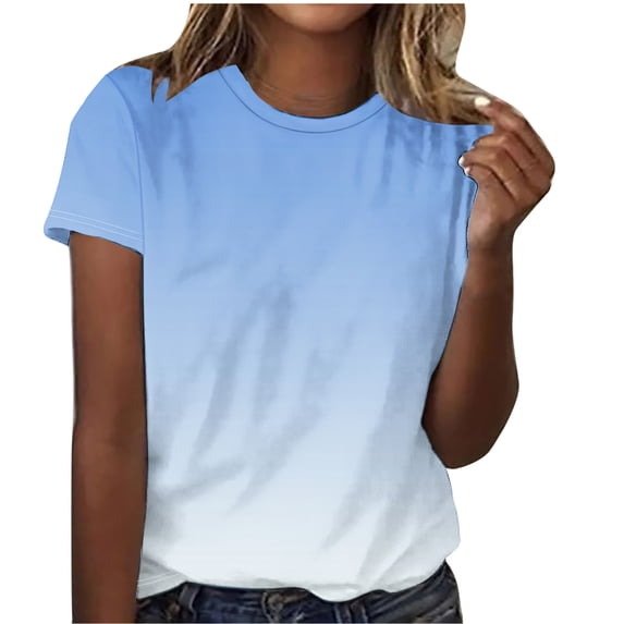 WCMZJ T Shirts for Women Summer Gradient Print Tops Short Sleeve Crewneck Blouses Casual Loose Basic Tee Shirts Light Blue XXL