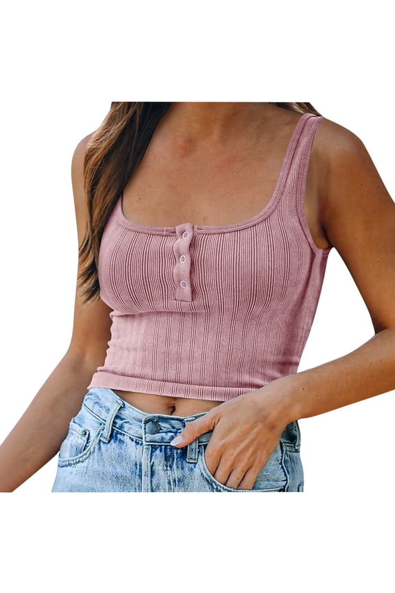 Tank Top For Womens Sleeveless Button Up Ribbed Knit Crop Top Square Neck Summer Cute Tops Casual Trendy Tees