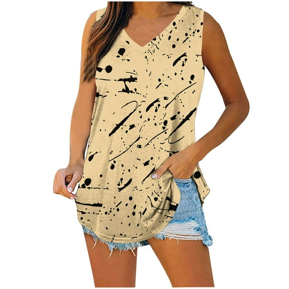 WCMZJ Tank Top for Women V Neck Basic Solid Color Casual Flowy Summer Side Split Sleeveless Tank Tops Beige XL
