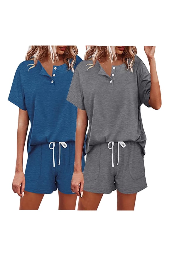 Two Piece Outfits for Women Lounge Sets Button Down Top and Shorts Set Sweatsuits with Pockets 2 Pack