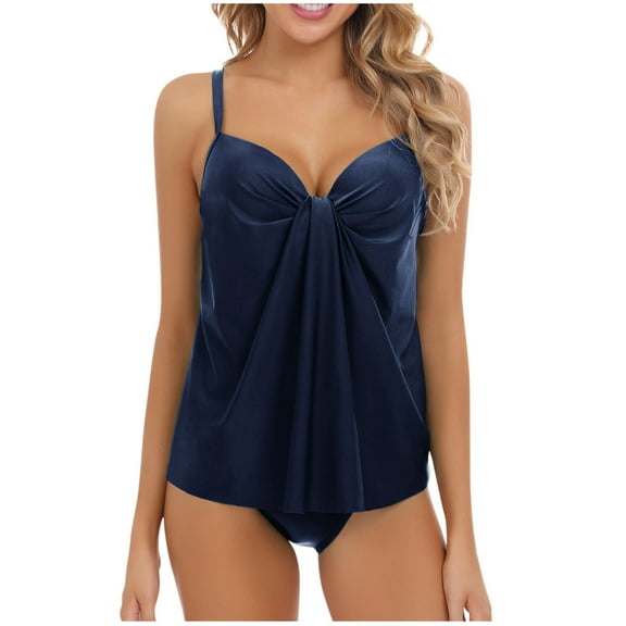 WCMZJ Two Piece Tankini Bathing Suits for Women Knot Front Swim Top with Bottom Tummy Control Swimsuit Navy 2XL