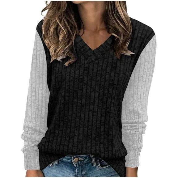 WCMZJ V Neck Long Sleeve Shirts for Women Color Block Casual Fall Tops Lightweight Tunic Sweaters Fashion Clothes 2024 Gray S
