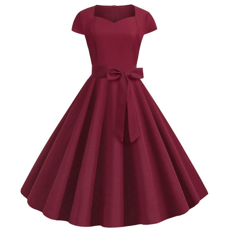 Wcmzj Vintage Dress for Women 1950s Retro Cocktail Prom Dress Cap Sleeve Wedding Tea Party Short Dress with Bowknot Wine XXL