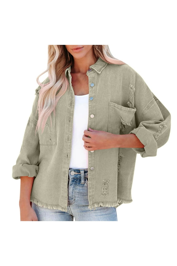 Ripped Fringe Jean Jacket Women Distressed Washed Button Down Unisex Frayed Denim Shacket with Pocket Khaki M
