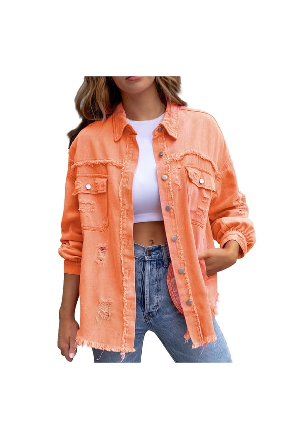 Ripped Fringe Jean Jacket Women Distressed Washed Button Down Unisex Frayed Denim Shacket with Pocket Orange XL