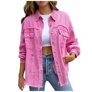 WCMZJ WCMZJ Ripped Fringe Jean Jacket Women Distressed Washed Button Down Unisex Frayed Denim Shacket with Pocket Pink M
