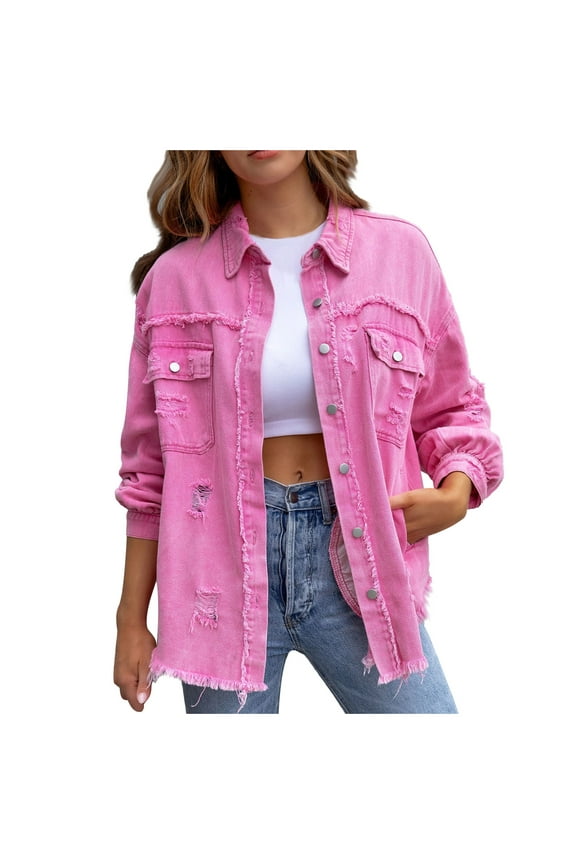 Ripped Fringe Jean Jacket Women Distressed Washed Button Down Unisex Frayed Denim Shacket with Pocket Pink S