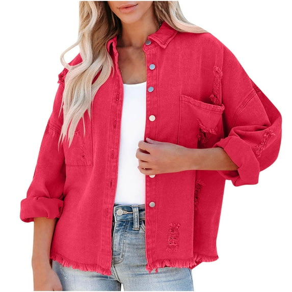 WCMZJ WCMZJ Ripped Fringe Jean Jacket Women Distressed Washed Button Down Unisex Frayed Denim Shacket with Pocket Red M