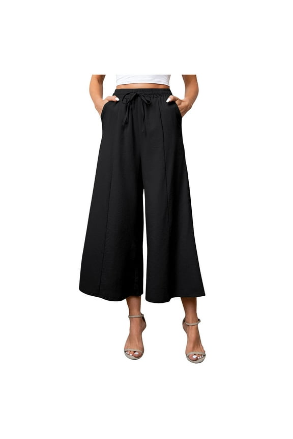 Wide Leg Capris Pants for Woman High Waisted Flowy Loose Pant Pull On Pleated Dressy Casual Ankle Cropped Pants with Pockets Black L