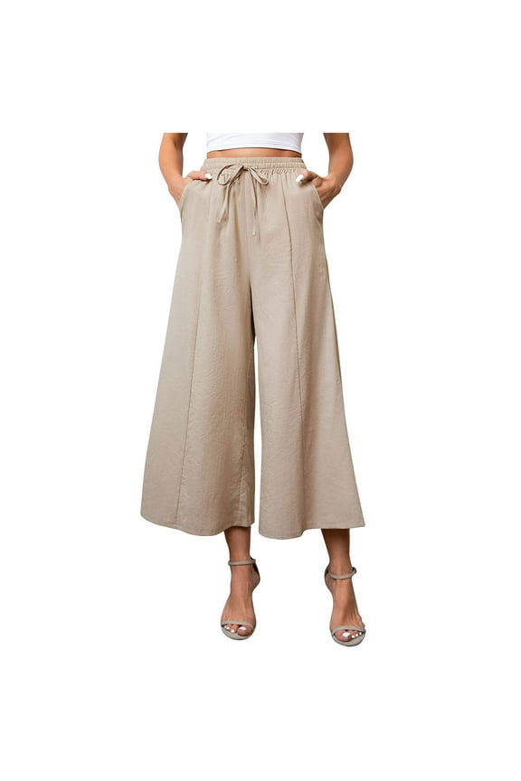 Wide Leg Capris Pants for Woman High Waisted Flowy Loose Pant Pull On Pleated Dressy Casual Ankle Cropped Pants with Pockets Khaki L
