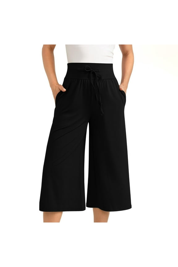 Wide Leg Cropped Palazzo Pants for Women Culottes with Pockets Summer Gaucho Pants Casual Loose Drawsting Capris Trousers Black S
