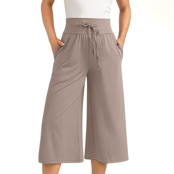WCMZJ Wide Leg Cropped Palazzo Pants for Women Culottes with Pockets Summer Gaucho Pants Casual Loose Drawsting Capris Trousers Gray 2XL