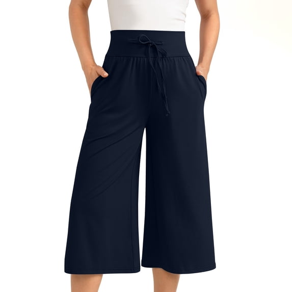 WCMZJ Wide Leg Cropped Palazzo Pants for Women Culottes with Pockets Summer Gaucho Pants Casual Loose Drawsting Capris Trousers Navy M