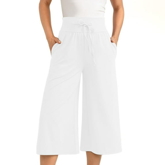 WCMZJ Wide Leg Cropped Palazzo Pants for Women Culottes with Pockets Summer Gaucho Pants Casual Loose Drawsting Capris Trousers White 2XL