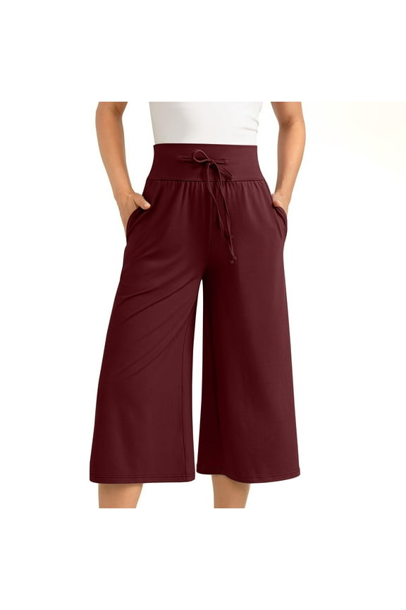 Wide Leg Cropped Palazzo Pants for Women Culottes with Pockets Summer Gaucho Pants Casual Loose Drawsting Capris Trousers Wine M