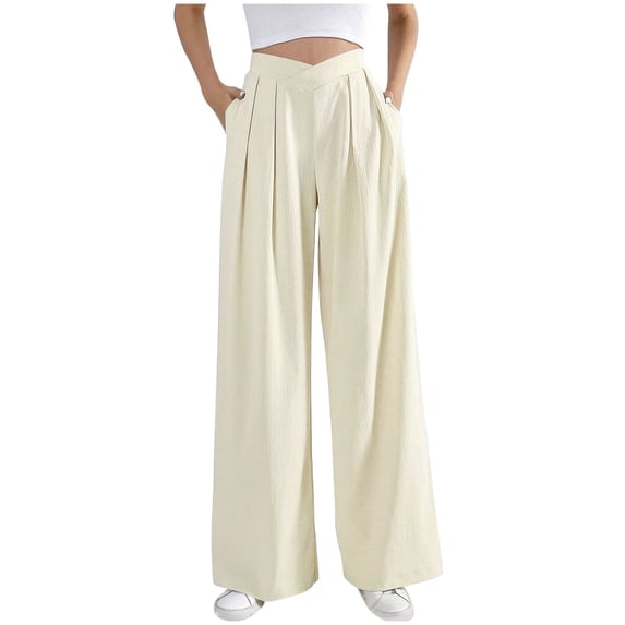WCMZJ Wide Leg Pants for Women Cotton Linen Business Casual Long Trousers Crossover High Waist Palazzo Pants with Pockets Beige L