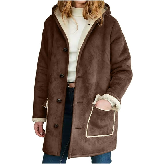 WCMZJ Winter Coats for Women 2024 Trendy Warm Sherpa Fleece Lined Jackets Plus Size Parka Faux Suede Pea Coat Outerwear Brown XXL
