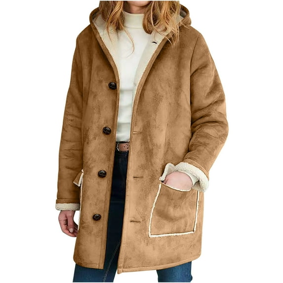 WCMZJ Winter Coats for Women 2024 Trendy Warm Sherpa Fleece Lined Jackets Plus Size Parka Faux Suede Pea Coat Outerwear Khaki XXL