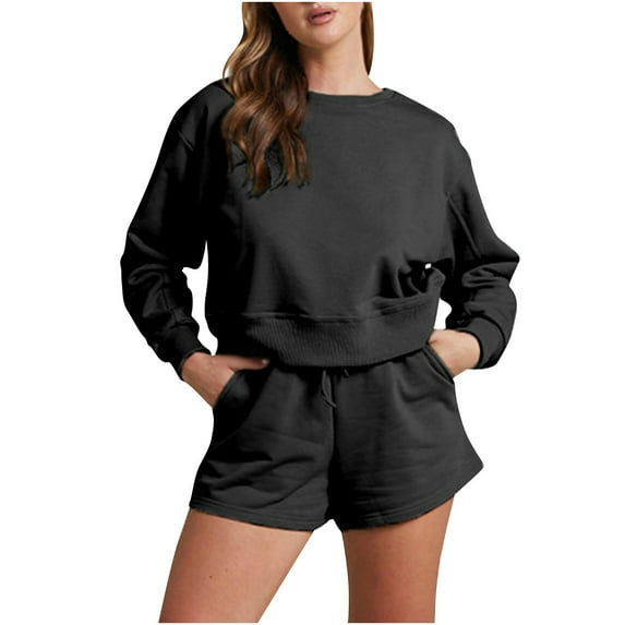 WCMZJ Women 2 Piece Outfits Sweat Shorts Sets 2024 Long Sleeve Casual Lounge Matching Set Sweatsuit Tracksuit Clothes with Pockets Black M