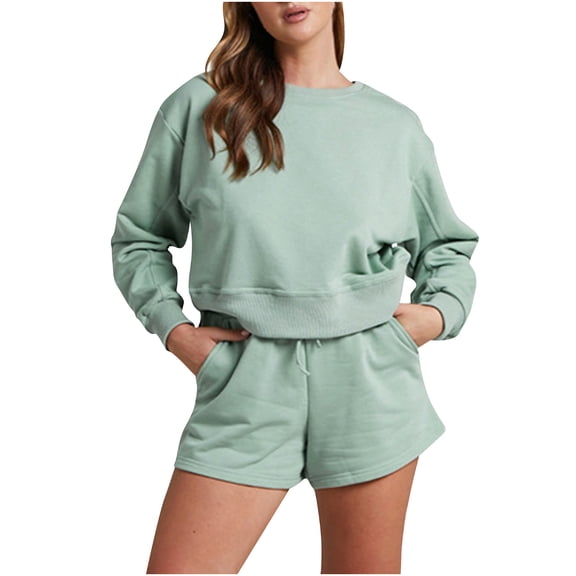 WCMZJ Women 2 Piece Outfits Sweat Shorts Sets 2024 Long Sleeve Casual Lounge Matching Set Sweatsuit Tracksuit Clothes with Pockets Green M