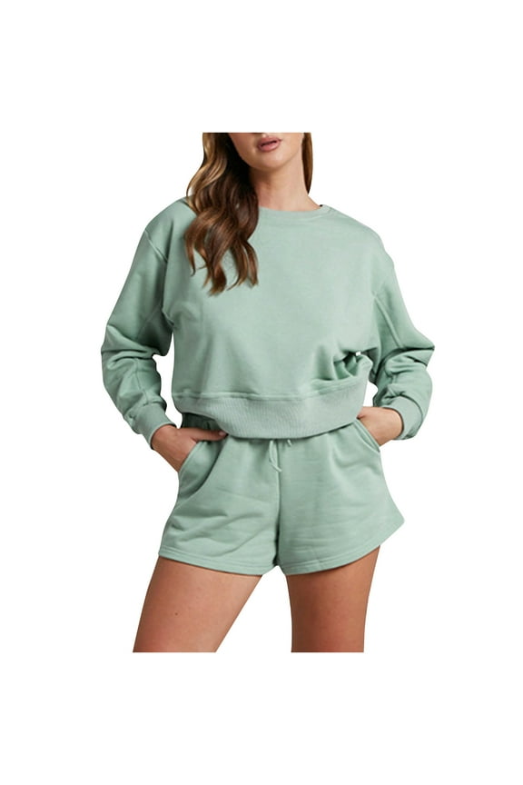 Women 2 Piece Outfits Sweat Shorts Sets 2024 Long Sleeve Casual Lounge Matching Set Sweatsuit Tracksuit Clothes with Pockets Green M