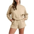 thumbnail image 1 of WCMZJ Women 2 Piece Outfits Sweat Shorts Sets 2024 Long Sleeve Casual Lounge Matching Set Sweatsuit Tracksuit Clothes with Pockets Khaki M, 1 of 9