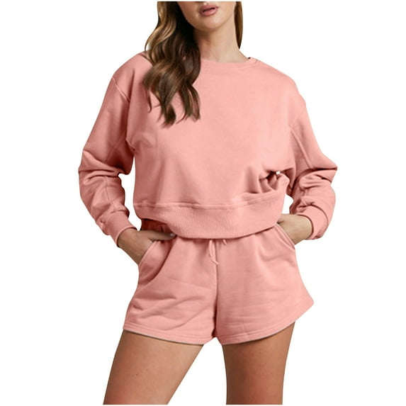 WCMZJ Women 2 Piece Outfits Sweat Shorts Sets 2024 Long Sleeve Casual Lounge Matching Set Sweatsuit Tracksuit Clothes with Pockets Pink S