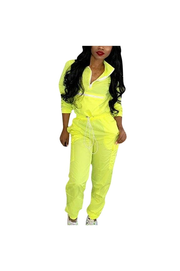 Women 2 Piece Outfits Tracksuit Long Sleeve Lightweight Windbreaker Pullover Jacket Crop Top Pants Set Yellow S