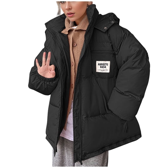 WCMZJ Women Bubble Puffer Jackets Winter Warm Down Coat Thicken Quilted Lightweight Hooded Active Outdoor Outerwear with Pocket Black L