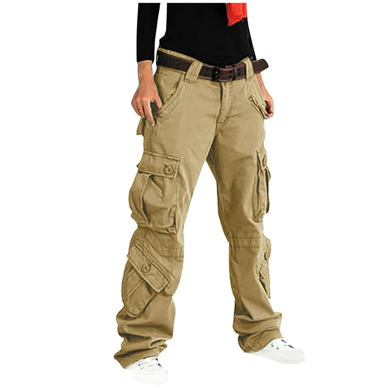 WCMZJ Women Cargo Pants Relaxed Fit Straight Leg Multiple Pockets Military Combat Construction Work Pants Gothic Street Retro Pant Khaki 28