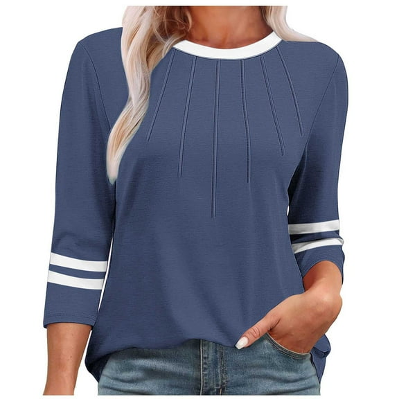 WCMZJ Women Dressy Casual Blouse 3/4 Sleeve Shirts Pleated Round Neck Business Work Tunic Tops Spring Summer Tees Navy S