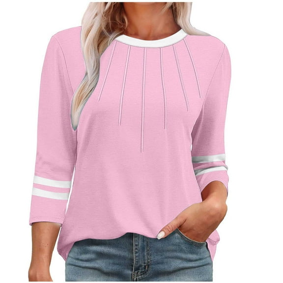 WCMZJ Women Dressy Casual Blouse 3/4 Sleeve Shirts Pleated Round Neck Business Work Tunic Tops Spring Summer Tees Pink XL
