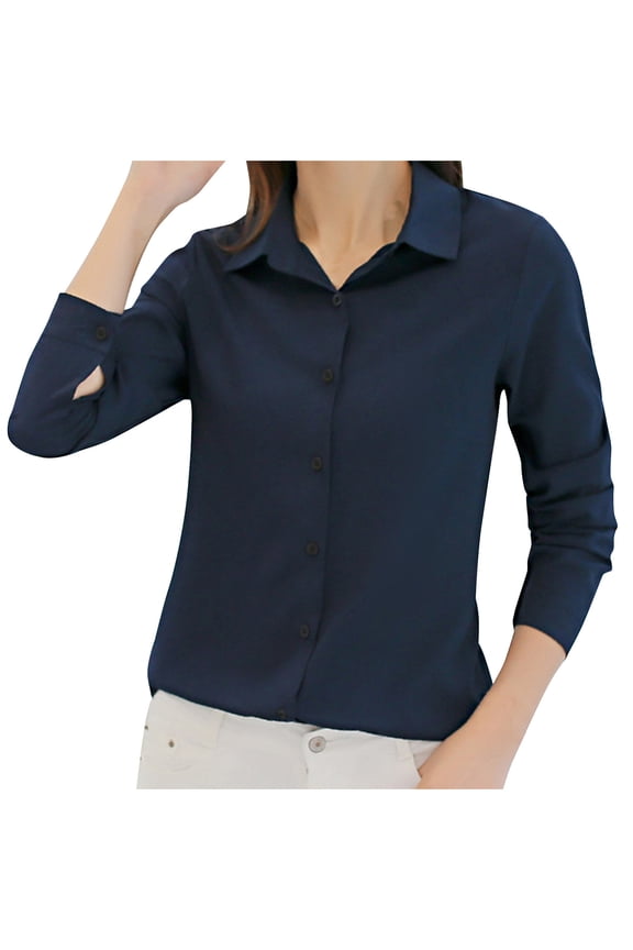 Women Elegant Long Sleeve Blouses Button Down Work Collar Shirts Petite Elegant V Neck Fall Korean Fashion Bussiness Office Casual Tops Navy S